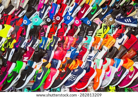 ISTANBUL - MAY 3: Faked shoes on sale on the narrow street around Grand Bazaar on Mal 3, 2015 in Istanbul, Turkey. Area around Grand Bazaar is well known seeling place for replica shoes,bags and jeans