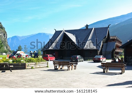 FLAMSBANA, NORWAY - JULY 30: Black house and mountains in Flamsbana, Norway on July 30, 2012