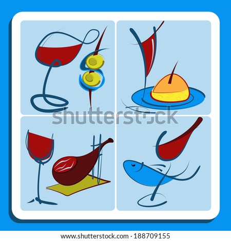 Colorful doodle sketches of Spanish red wine served accompanying various food dishes including olives, appetizers, meat and fish in square format