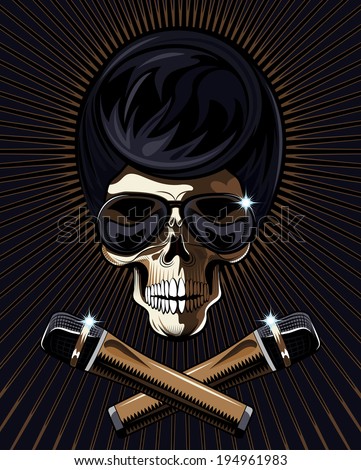 Rock star skull with a macabre bony skull wearing trendy modern sunglasses with an Elvis hairdo and two crossed microphones in the foreground on a dark background with radiating brown rays