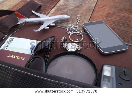 travel concept, Preparation for travel, money, passport, on wooden table