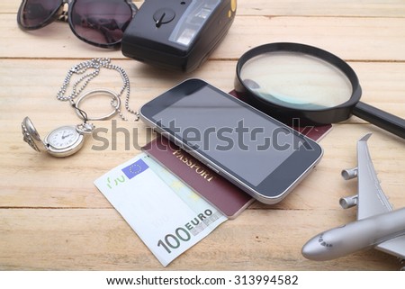 travel concept, Preparation for travel, money, passport, on wooden table