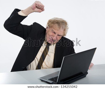 Stressed old business man white background