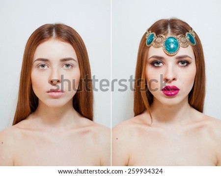 Beautiful young woman before and after makeup