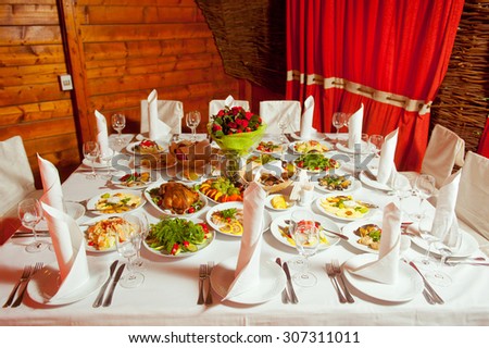 catering table set service at restaurant before party