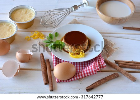 cooking creme caramel with egg, milk, cinnamon and lemon
