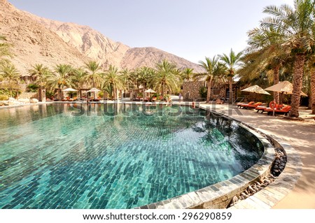 Sultanate of Oman - March 25,2013 - Six Senses Zighy Bay Mountain Resort, Swimming pool area. Wonderful place to stay for your holiday in Oman.