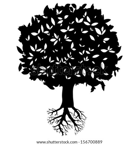 Black Tree With Roots Silhouette Isolated On White Background. Vector ...