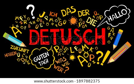 Deutsch. Translation: 'German'. Learning German. Online education concept. German language hand drawn doodles and lettering. Language education illustration. Photo stock © 