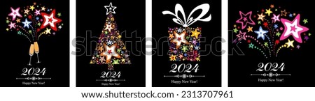 2024 Happy New Year. Set of 4 brochures festive design fireworks. A bright, gala illustration for printing. Ready decor lighting effects. Greeting card with  firework background. Vector illustration.