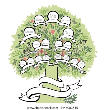 Family genealogic tree. Parents and grandparents, children.  Genealogy, pedigree.  Cartoon character. Family tree with portraits and place for text.  Family Tree template vector illustration