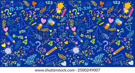 Back to school seamless vector pattern. Good for textile fabric design, wrapping paper and website wallpapers. Concept of education. School seamless pattern with math formulas and figures. Vector