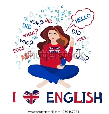 English Language Day. April 23. Holiday concept. Template for background, banner, card, poster with text inscription, dictionary, vocabulary, speaking, reading, writing. United Kingdom flag heart.