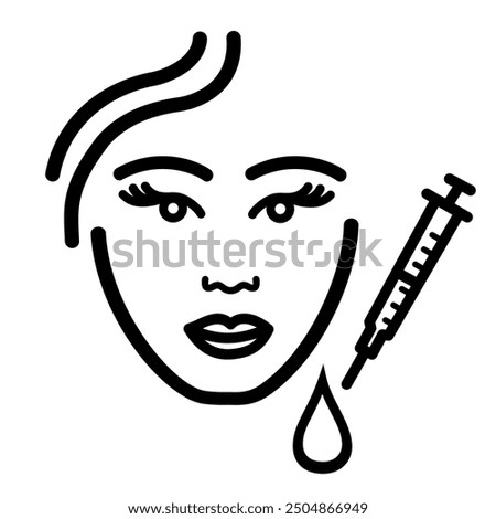 Facial Woman Beauty Procedure Line Icon. Injection  Linear Pictogram. Girl Face Skin Care Outline Icon. Editable Stroke. Isolated Vector Illustration Female face, beauty injection, syringe Cosmetology