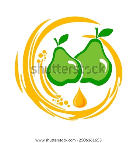 Pear in splash. Transparent pear juice splashing with drops. Fresh fruit with juicy splashes. Vector design. Fruit logo design fresh fruits. Raw green pear fruit.  Summer clipart for card, banner.