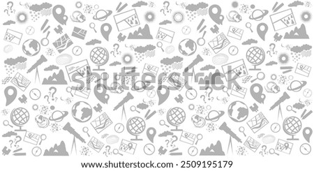 Geography symbols seamless pattern. Equipments for web banners background.  Education concept. Back to school background. Set of geography symbols. Cartoon illustration for school subject design. 