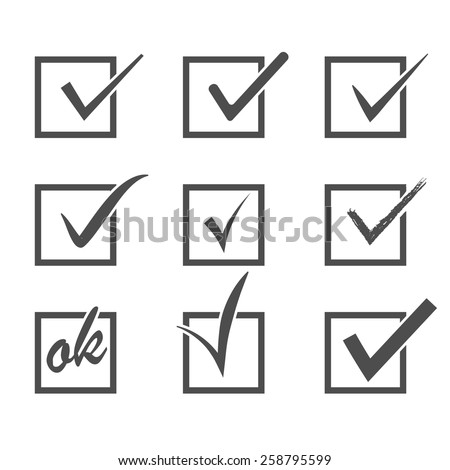 Set of different vector check marks or ticks in boxes conceptual of confirmation acceptance positive passed voting agreement true or completion of tasks on a list