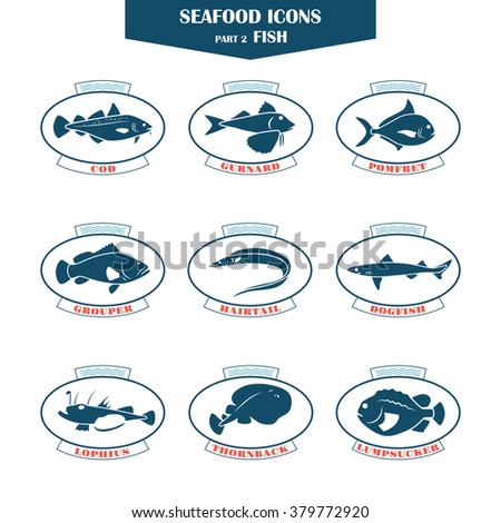 Seafood icons. Fish icons. Can be used for restaurants, menu design, internet pages design, in the fishing industry, commercial