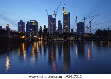 FRANKFURT, GERMANY - MAY, 05. Towers of the biggest bank companies at Frankfurt / Main (Germany) taken on May 2014, 05 in the evening (blue hour).