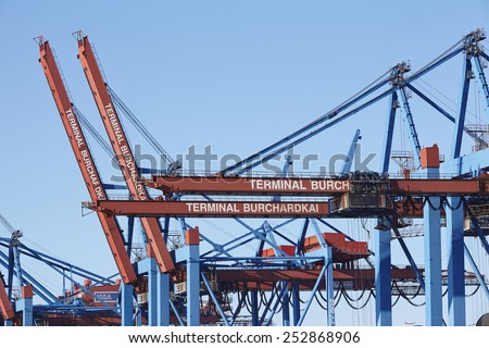 HAMBURG, GERMANY - FEBRUARY, 8. Container gantry cranes of the container terminal Burchardkai taken on February 8, 2015.
