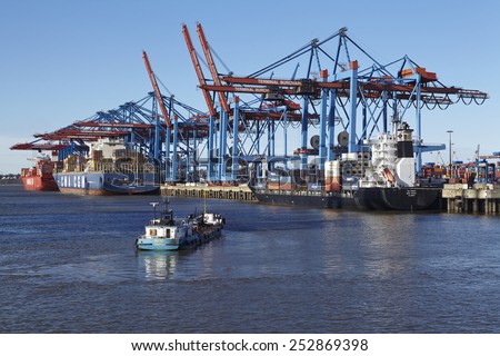 HAMBURG, GERMANY - FEBRUARY, 8. The vessels CMA CGM Musca and Mito Strait are loaded and unloaded at the container terminal Burchardkai in the deepwater port Hamburg Waltershof on February 8, 2015.