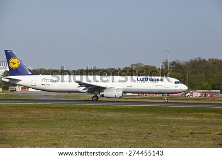 FRANKFURT, GERMANY - APRIL, 23. An Airbus A321-200 of Lufthansa takes off at Frankfurt International Airport (Germany, FRA) on April 23, 2015.