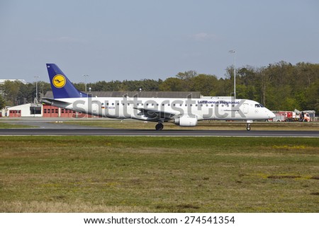 FRANKFURT, GERMANY - APRIL, 23. A jet aircraft named Meissen of Lufthansa Regional takes off at Frankfurt International Airport (Germany, FRA) on April 23, 2015.