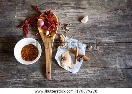 Spices and herbs in bowls. Food and cuisine ingredients. Colorful natural additives.