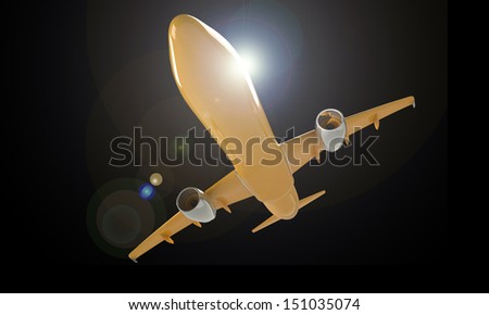 An orange airplane in air isolated on black withsun glare