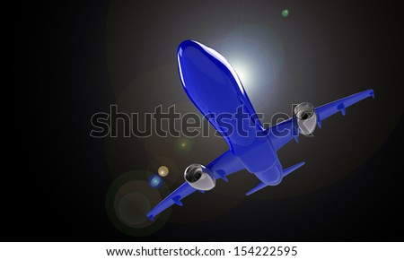 Blue airplane isolated  on black with sun glare