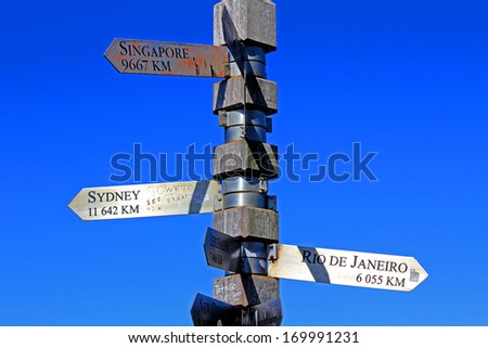 The sign board at Cape of Good Hope shows the distances to various cities