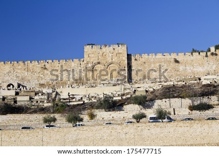View of Golden gates in Jerusalem\'s Old City Walls, garden and ancient cemetery, Israel