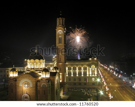 Church, town hall, main city street and fireworks in Banja Luka, Republika Srpska, Bosnia and Herzegovina