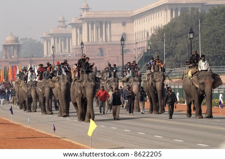 Elephant marching down Raj Path in preparation for the Republic Day celebrations in New Delhi, India