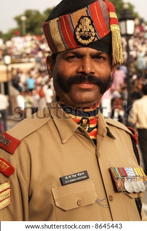 Imposing Indian Soldier With Bushy Mustache In Dress Uniform. Wagah ...