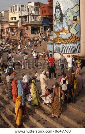 Crowds of people worshiping on the ghats at Varanasi, India