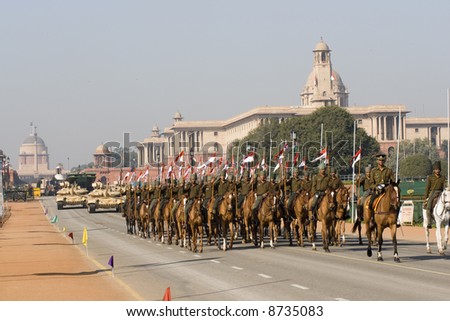Cavalry parading down the Raj Path in preparation for Republic Day Parade, New Delhi, India