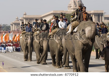 Elephants walking down the Raj Path in preparation for the Republic Day Parade. New Delhi, India