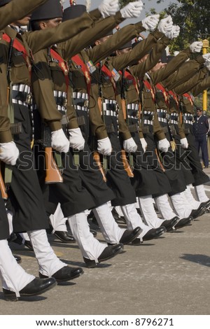 Soldiers of the Indian Army march down the Raj Path in preparation for the Republic Day Parade