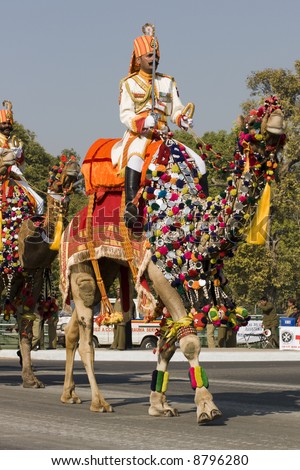 Commander of the Indian Army Camel Corps riding down the Raj Path in preparation for the Republic Day Parade
