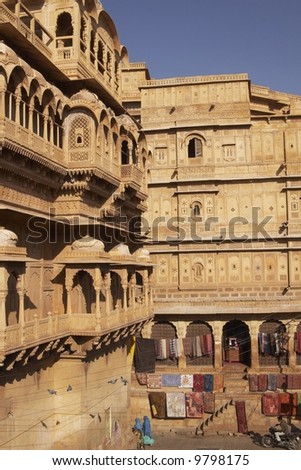 Intricately carved walls and balconies of Jaisalmer Palace inside Jaisalmer Fort, Rajasthan, India