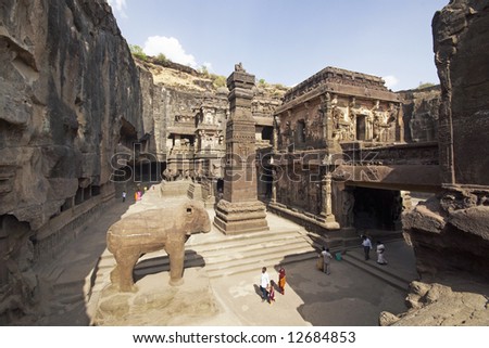 Ancient Hindu Temple (Kailas Temple) carved out of solid rock. Cave number 16, Ellora Caves, near Aurangabad, India. 8th Century AD