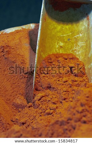 Ground chili powder for sale in the spice market of Old Delhi, India