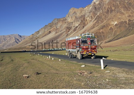 LADAKH, INDIA - AUGUST 20: Colorful truck on the mountain road between Manali and Leh August 20, 2008 in Ladakh, India