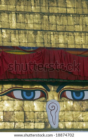 All seeing Buddhist eyes on the Boudhanath Stupa, Kathmandu, Nepal