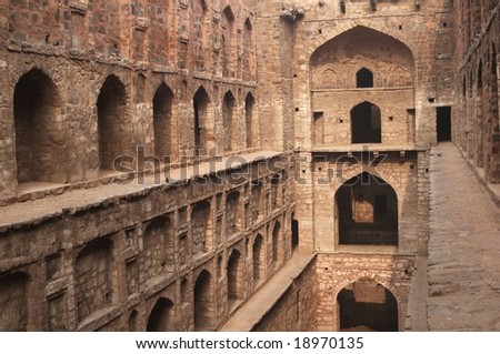 Ancient underground step-well (Ugrasen ki Baoli) in heart of New Delhi, India. 14th Century AD.