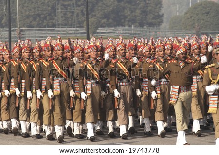 DELHI - JANUARY 18: Soldiers in best dress uniform marching down the RajPath in preparation for the Republic Day Parade January 18, 2007 in Delhi, India