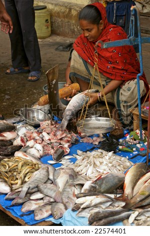 KOLKATA, INDIA - DECEMBER 18: Unknown lady selling fish at a street market on December 18, 2008 in the Chowringhee area of Kolkata, West Bengal, India