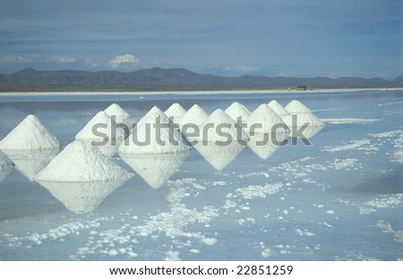 Triangular piles of salt on the surface of the Salar de Uyuni salt lake, Bolivia