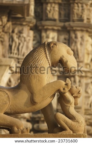 Mythical lion and woman at Kandariya Mahadeva Temple, Khajuraho, India. 11th Century AD.